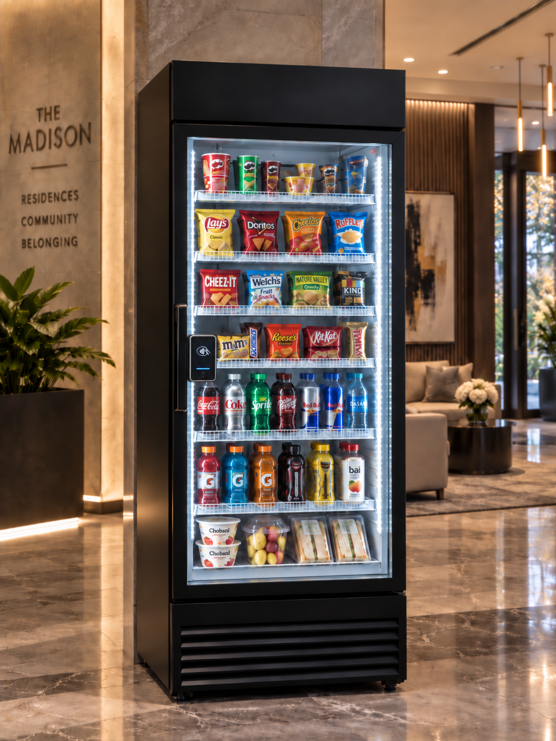 Modern glass-door mini-mart stocked with drinks, snacks and fresh items in a residential lobby